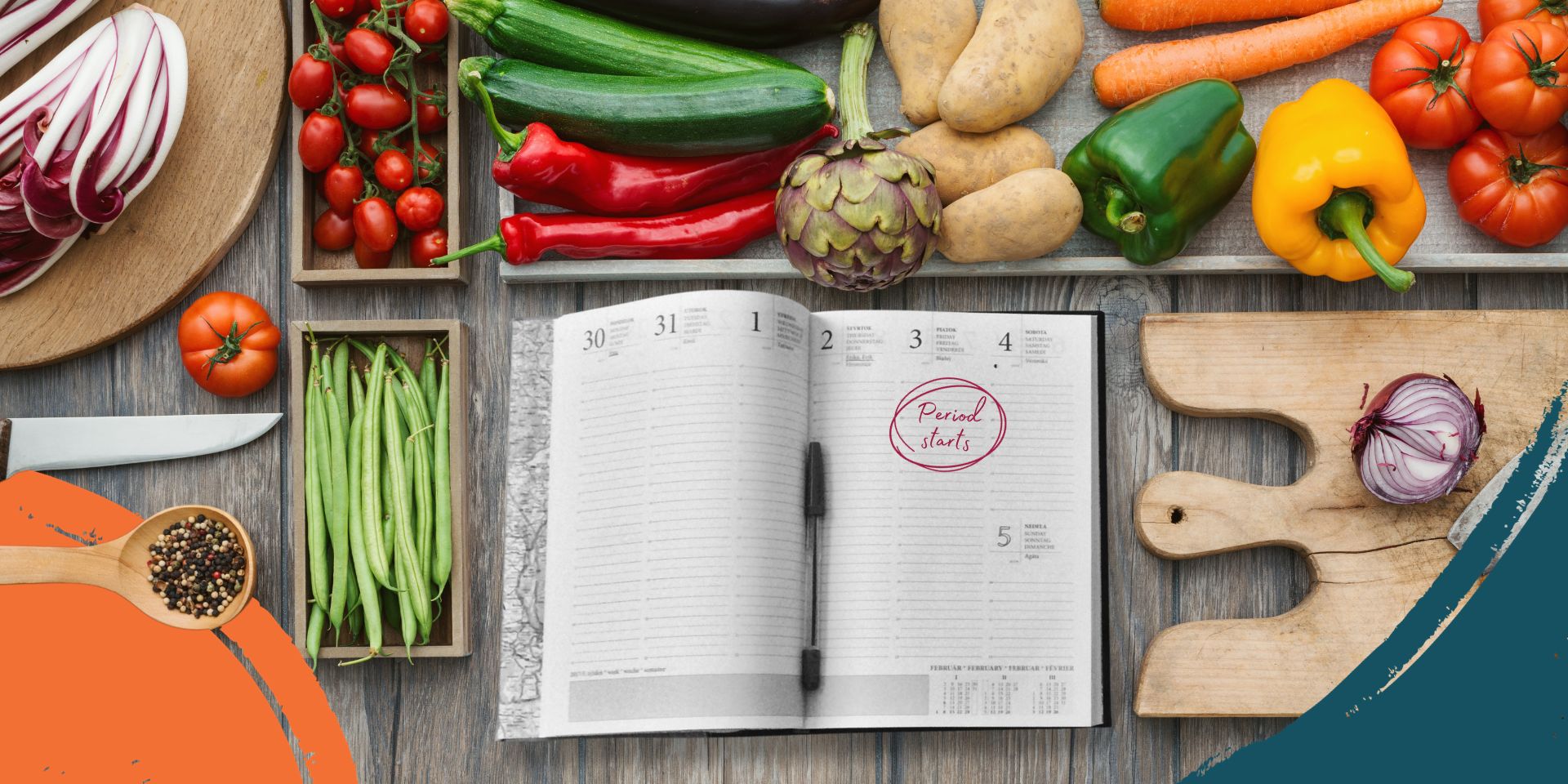 Banner image with various foods and weekly planner